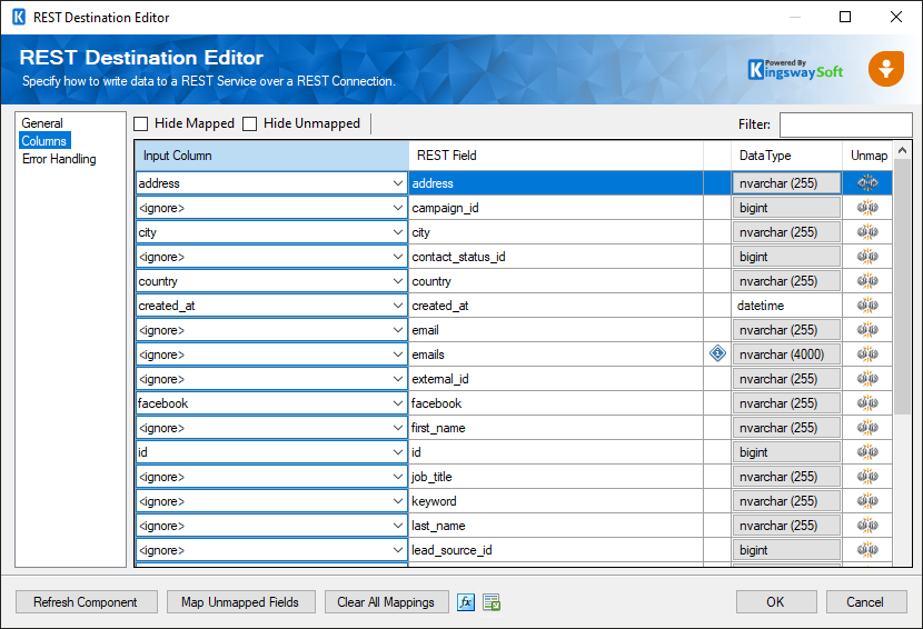 Freshsales Destination component - Columns